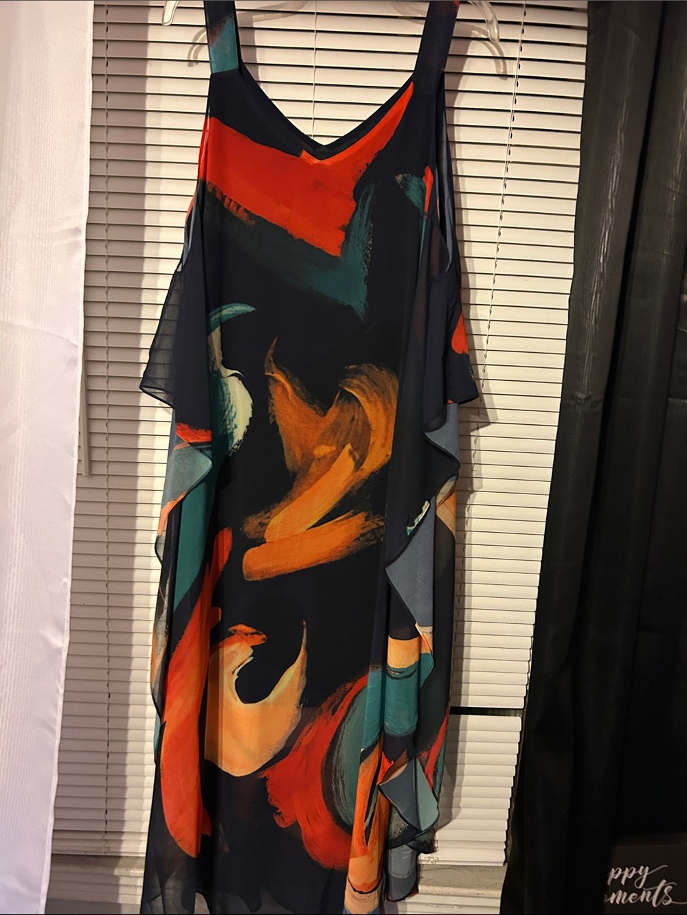 Abstract Brushstroke Black Maxi Dress with Orange & Teal Accents